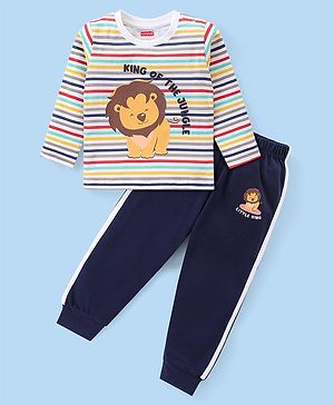 Babyhug Cotton Knit Full Sleeves Night Suit with Lion & Stripe Print - Multicolor