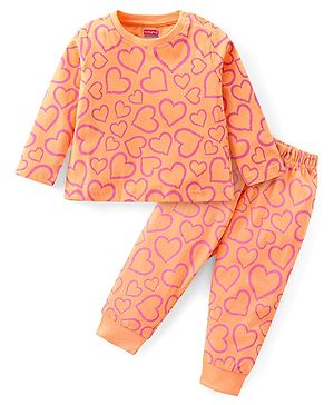 Babyhug Cotton Knit Full Sleeves Night Suit With Hearts Print - Orange