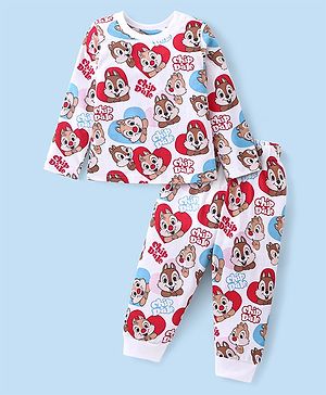 Babyhug Disney Cotton Knit Full Sleeves Night Suit With Chip 'n Dale Print - White