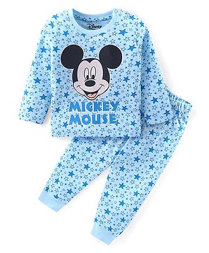 Babyhug Disney Cotton Knit Full Sleeves Night Suit With Mickey Mouse Graphic - Blue