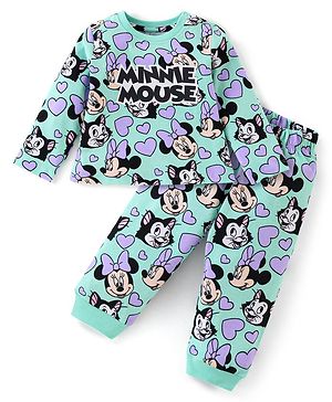 Babyhug Disney Cotton Knit Full Sleeves Night Suit with Minnie Mouse & Friends Print - Light Blue