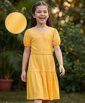 Pine Kids Woven Puffed Sleeves Solid Color Frock - Yellow