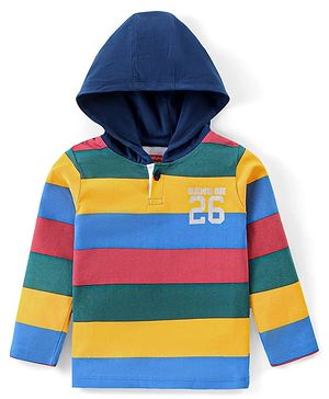Babyhug Cotton Knit Full Sleeves Striped Hooded T-Shirt With Number Graphics - Multi Colour