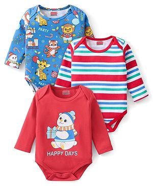 Babyhug 100% Cotton Interlock Full Sleeves Striped Onesies Animal Print Pack of 3 - Red & Blue