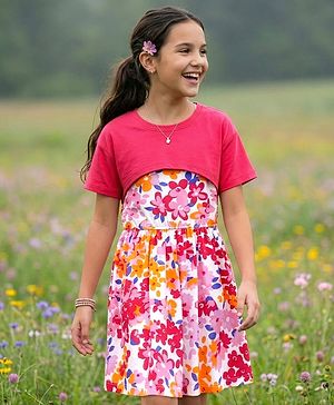 Pine Kids Cotton Knit Floral Printed Frock With Half Sleeves Solid Colour Shrug - Dark Pink