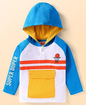 Babyhug Cotton Knit Raglan Sleeves Hooded T-Shirt With Front Pocket & Text Print - White Yellow Blue