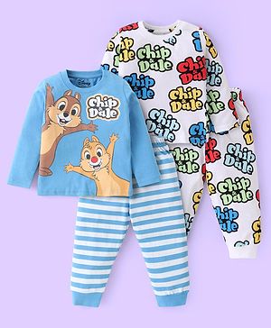 Babyhug Disney Cotton Knit Full Sleeves Night Suits With Chip n Dale Graphics Pack Of 2 - Blue & White