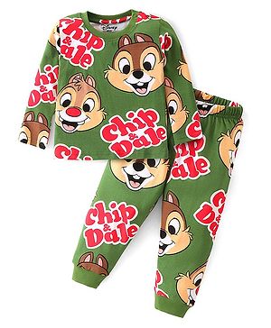 Babyhug Disney Single Jersey Knit Full Sleeves Night Suit With Chip N Dale Graphics - Green