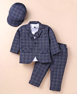 Robo Fry Lycra Knit Full Sleeves Checkered Blazer  T-Shirt & Trouser Set with Attached Bow & Hat - Grey