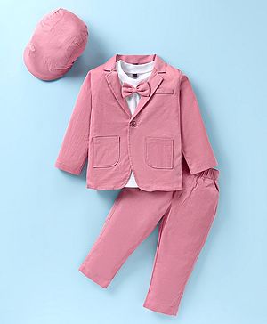 Robo Fry Lycra Knit  Solid Colour T-Shirt Trouser Set with Attached Bow Hat   & Blazer - Pink