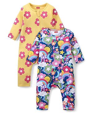 Babyhug 100% Cotton Interlock Knit Full Sleeves Romper with Floral Print Pack of 2 - Multicolour