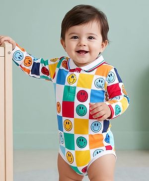 Babyhug 100% Cotton Knit Full Sleeves Collared Onesie with Smiley Print - White
