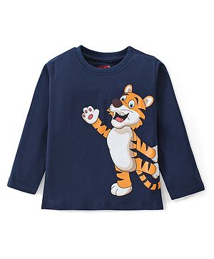 Babyhug Cotton Knit Full Sleeves T-Shirt With Tiger Print - Blue