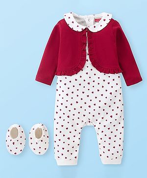 Babyhug Interlock Knit Full Sleeves Peter Pan Collor Romper With Booties Heart Print - Red