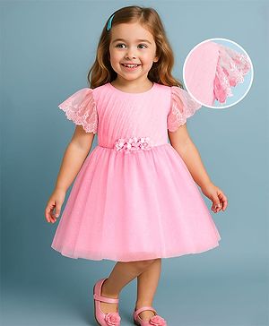 Babyhug Woven Half Flutter Sleeves Fit & Flared Mesh Shimmered  Party Frock with Pleated & Floral Detailing - Pink