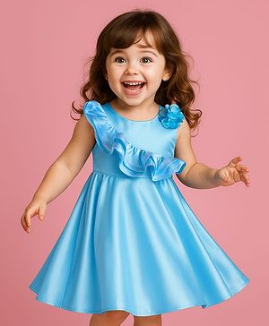 Babyhug Woven  One Shoulder Sleeves Fit & Flared Solid Color Party Frock with Ruffle & Floral Corsage - Light Blue