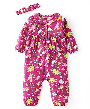 Babyhug 100 % Cotton Full Sleeves Romper with Bow Applique & Headband Floral Print - Red