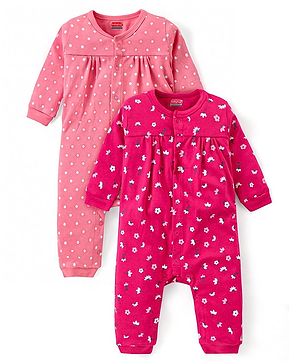 Babyhug 100% Cotton Full Sleeves Rompers Floral & Polka Dots Print Pack of 2 - Pink