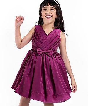Babyhug Premium Glass Nylon Fabric Sleeveless Party Dress With Bow Applique & Yoke Pleating - Wine