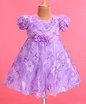 Babyhug Woven Puffed Sleeves Floral Printed Fit & Flared Party Frock with Applique - Purple