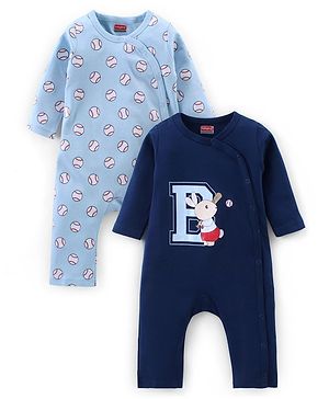 Babyhug 100% Cotton Full Sleeves Front Open Romper With Baseball Print Pack of 2 - Blue