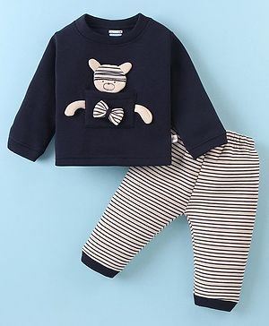 BUMZEE Fleece Full Sleeves Animal Applique Detailed Winter Wear Set - Navy Blue & Beige