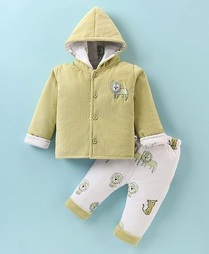 BUMZEE Full Sleeves Lion Embroidered & Printed Winter Set - Green & White