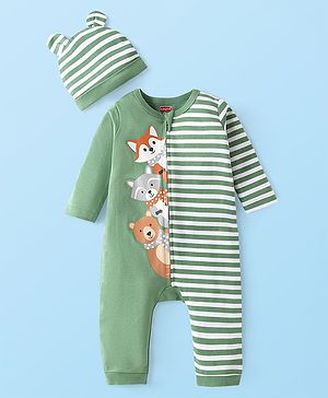 Babyhug Interlock Knit Full Sleeves Striped  Romper with Cap Wild Animal Print  - Green