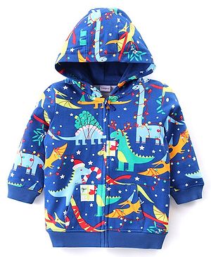 Babyhug Cotton Knit Full Sleeves Hooded Sweatjacket with Dino Print - Blue