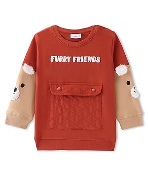 Babyug Cotton Knit Full Sleeves Sweatshirt With Text Puff Print & Animal Applique - Brown
