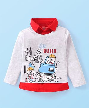 Babyhug Cotton Knit Full Sleeves Overlapped T-Shirt with Bear Print - Red & Grey
