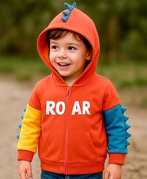 Babyhug Cotton Knit Full Sleeves Front Open Hooded Sweatjacket With Dino Applique & Kangaroo Pockets - Orange