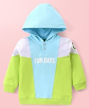 Babyhug Cotton Knit Full Sleeves Hooded Sweatshirt with Text Print & Cut & Sew Design - Blue & Lime Green