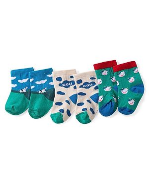Cute Walk by Babyhug Knitted Anti-Bacterial Ankle Length Socks With Cow Design Pack of 3 - Green & Blue