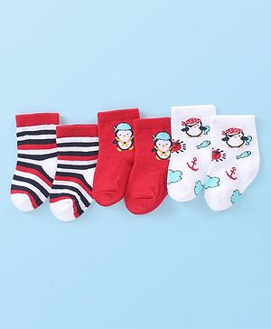 Cute Walk by Babyhug Anti-Bacterial Ankle Length Striped & Penguin Design Socks Pack of 3 - White & Red