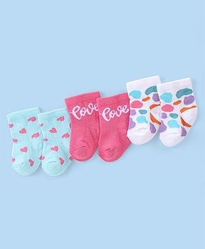 Cute Walk by Babyhug Knit Anti-Bacterial Ankle Length Socks with Heart & Text Design Pack of 3 - Pink Blue & White
