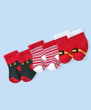 Cute Walk by Babyhug Knit Anti-Bacterial Ankle Length Socks with Striped & Diamond Design Pack of 3 - Red & White