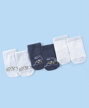 Cute Walk by Babyhug Knit Anti-Bacterial Ankle Length Socks with Striped & Dino Design Pack of 3 - Blue & White