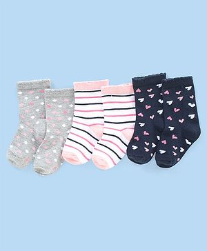 Cute Walk by Babyhug Anti-bacterial Ankle Length Striped & Designed Socks Pack of 3 - Blue Grey & White