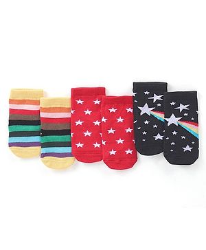 Cute Walk by Babyhug Anti-Bacterial Ankle Length Striped & Star Designed Socks Pack of 3 - Yellow Red & Black