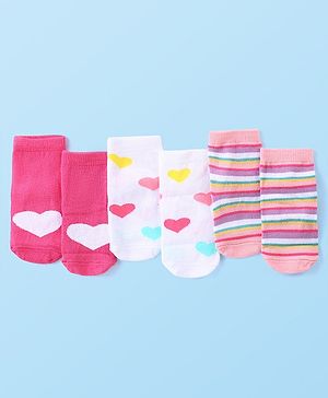 Cute Walk by Babyhug Anti-Bacterial Ankle Length Terry Socks with Heart Design Pack of 3 - Multicolor