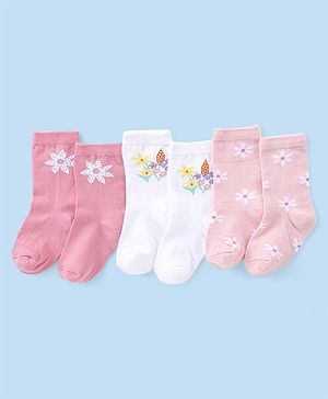 Cute Walk by Babyhug Knit Anti-Bacterial Ankle Length Socks with Floral Design Pack of 3 - Pink & White