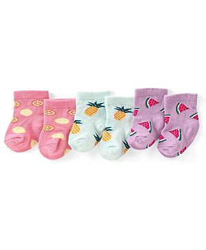 Cute Walk by Babyhug Knit Anti-Bacterial Ankle Length Socks with Watermelon Pineapple & Orange Design Pack of 3 - Pink Mint & Purple