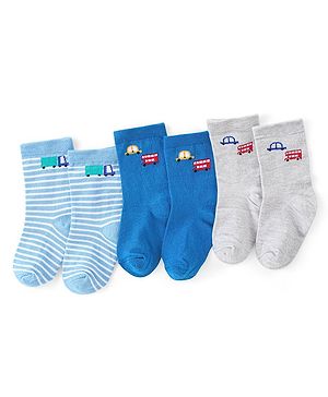 Cute Walk by Babyhug Knit Anti-Bacterial Ankle Length Socks with Striped & Car Design Pack of 3 - Grey  & Blue