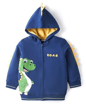 Babyug Cotton Knit Full Sleeves Front Open Hooded Sweatjacket with Dino Print & Applique - Navy Blue