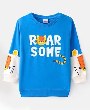 Babyug Cotton Knit Full Sleeves Sweatshirt With Text & Animal Print - Blue