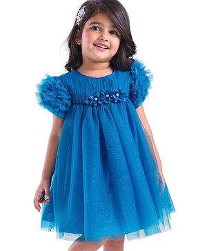 Babyhug Woven Half Ruffle At Sleeves Shimmered  Fit & Flared Party Frock with Floral Applique - Blue