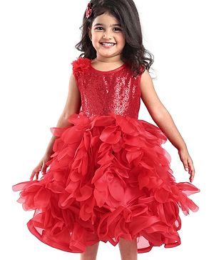 Babyhug Woven Sleeveless Fit & Flared Sequined Party Frock with Floral Applique - Red