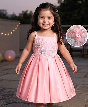 Babyhug Woven Sleeveless Party  Dress With Floral Embroidery - Peach