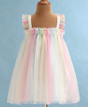 Babyhug Woven Frill Sleeves A Line Party Frock with Butterfly Detailing - Multicolour